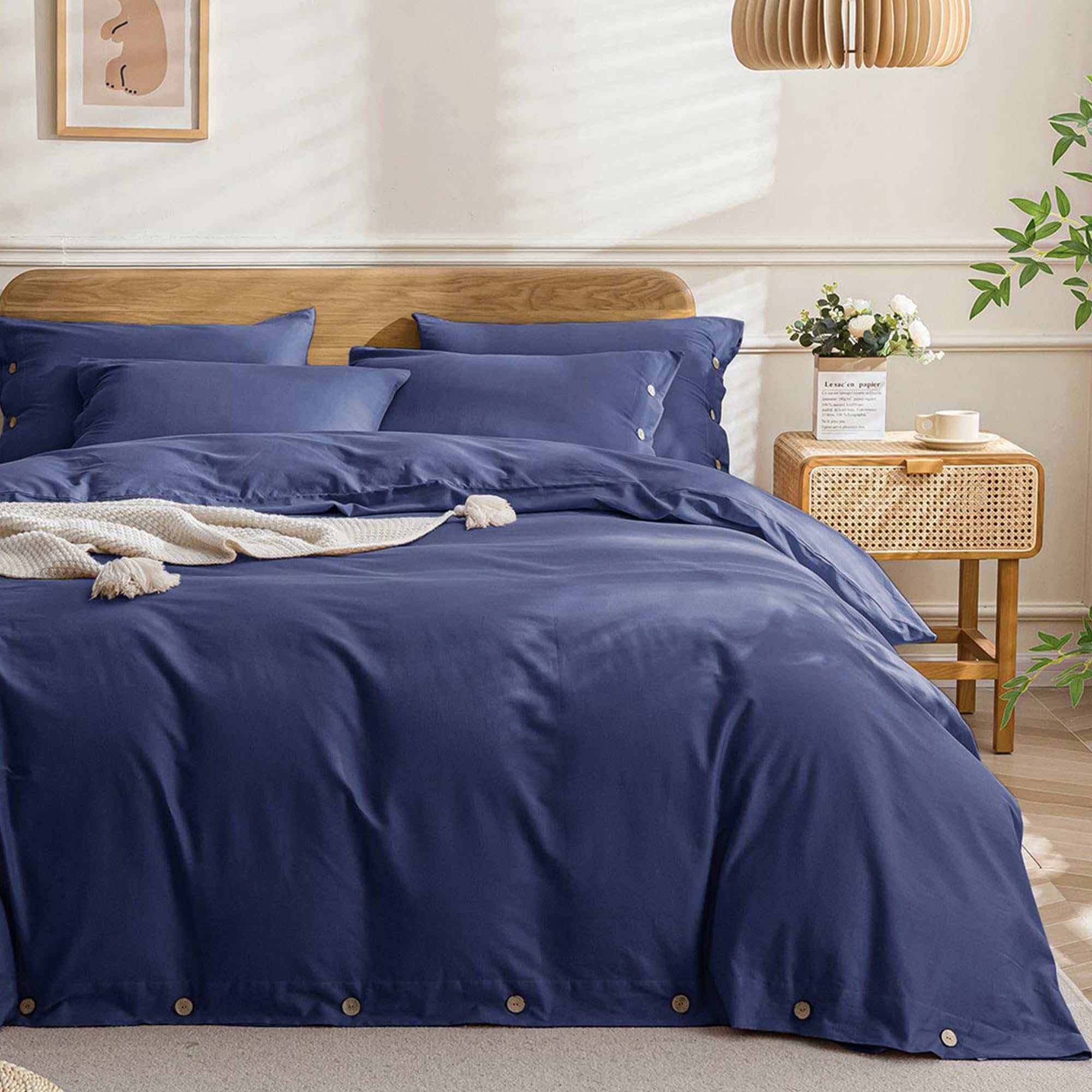 Jellymoni Navy Blue Duvet Cover Twin Size - 100% Washed Cotton Linen Like Textured Comforter Cover, 2 Pieces Breathable Soft Bed